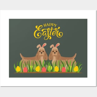 Happy Easter with Bunny American Cocker Spaniel Behind Grass with Colorful Eggs Posters and Art